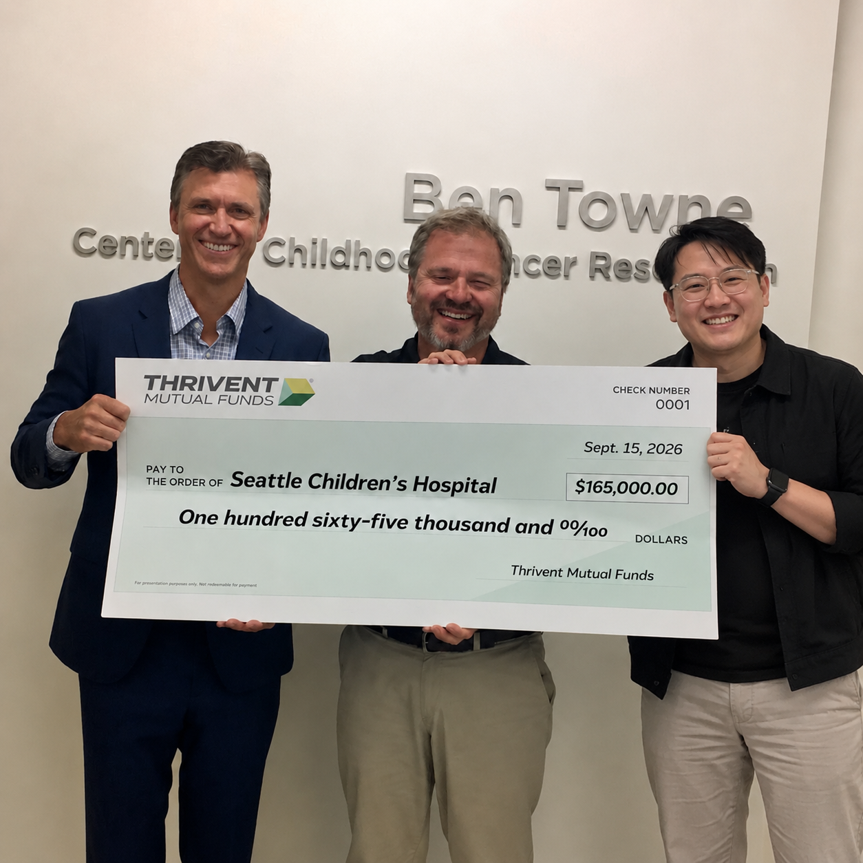Presentation cheque naming Thrivent Mutual Funds as the donor