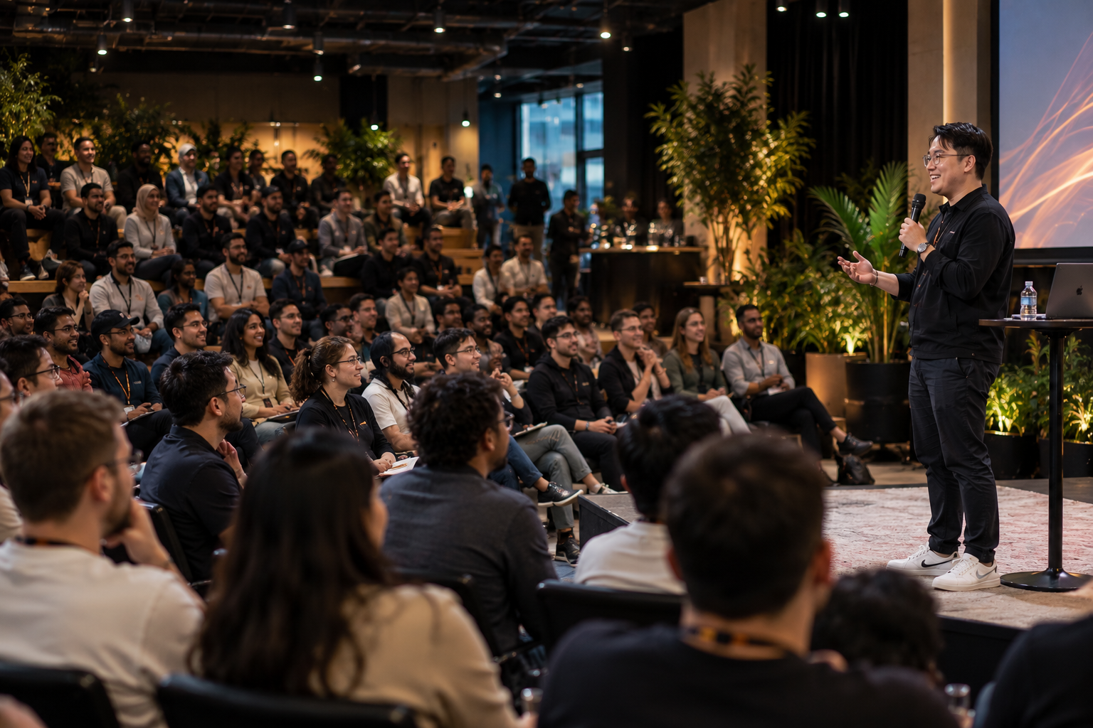 Speaker addressing an engaged audience at a tech conference