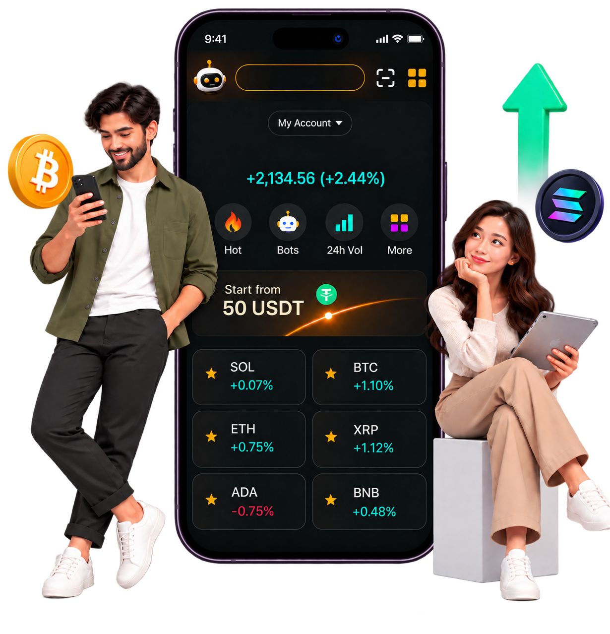 Phone showing a crypto trading dashboard with traders, Bitcoin and Solana